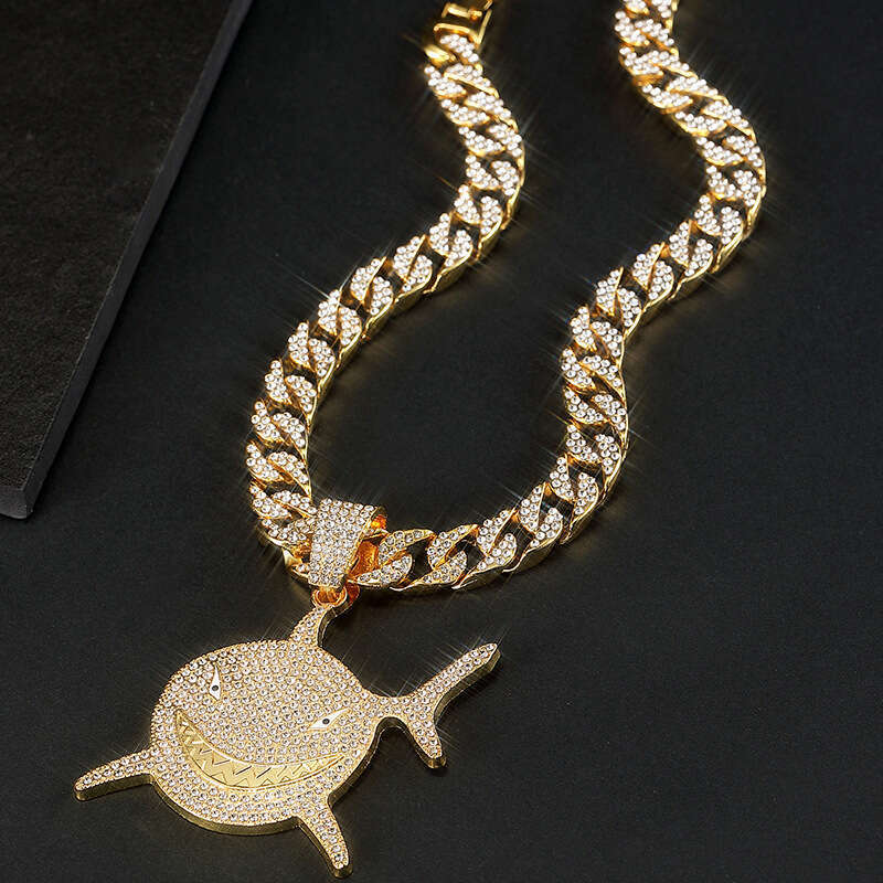 Trendy Personality Exaggerated Shark Fashion Full Dia Hip Hop Necklace for Men and Women Single Pendant