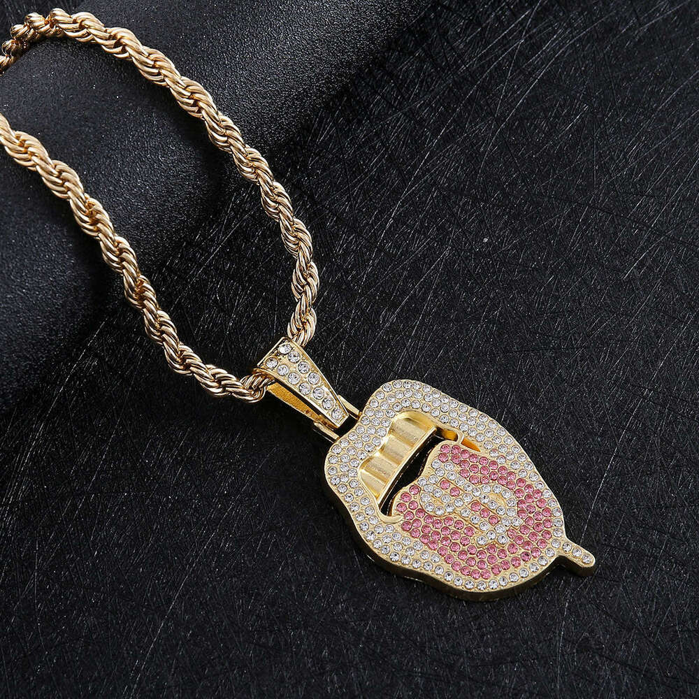 Full Dia Multi-color Tongue Shape Pendant Hip-hop Rap Personality Exaggerated Decoration Necklace