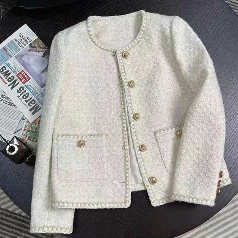 Fashion Cropped Tweed Jacket Women Vintage Elegant Coat Korean Single Breasted Blazer Ladies All Match Chic Short Outerwear Tops 250730