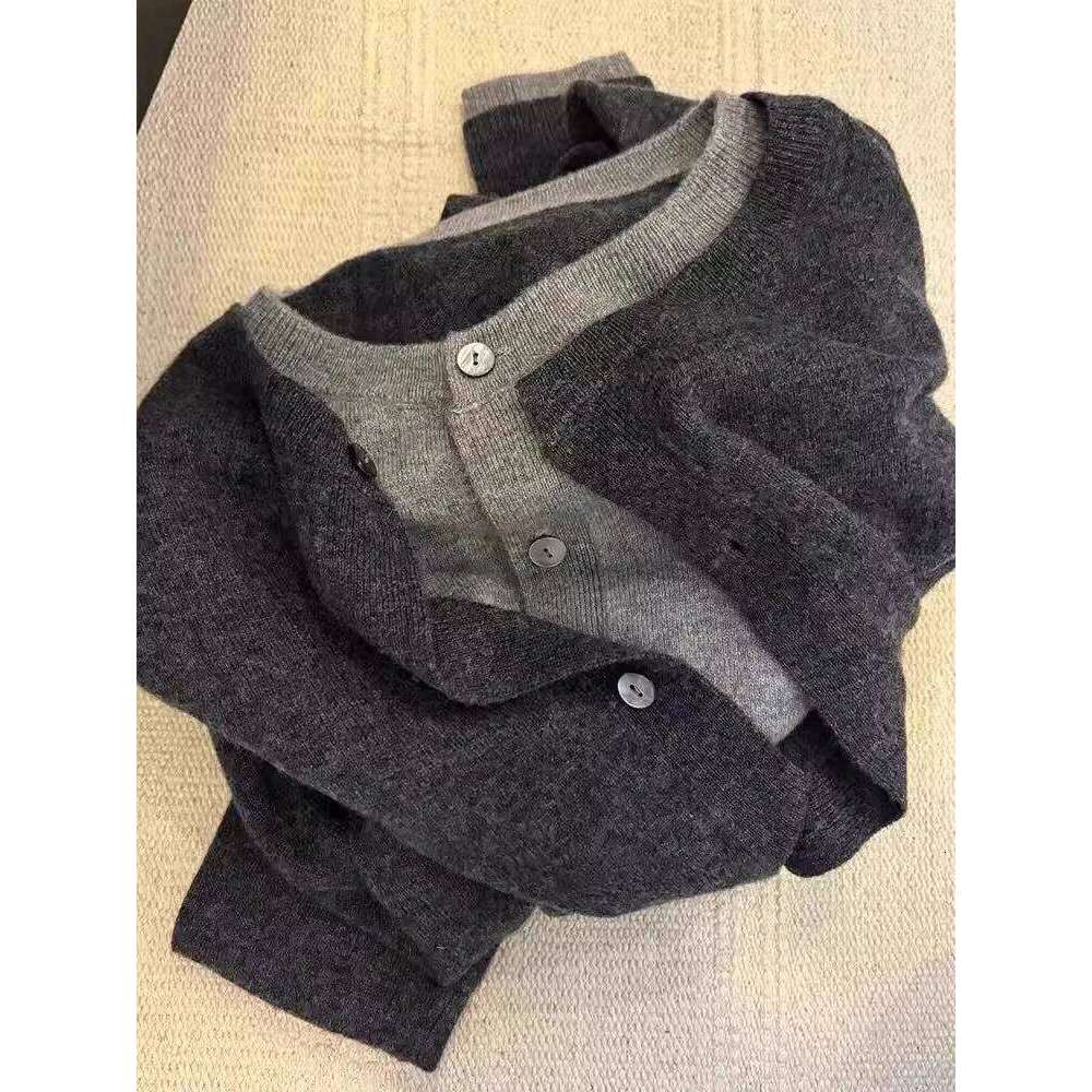 Designer Clothing 2025 Fake Two 100% Pure Cashmere Sweater Cardigan Dark Grey High-Grade Wool Knit Coat Top