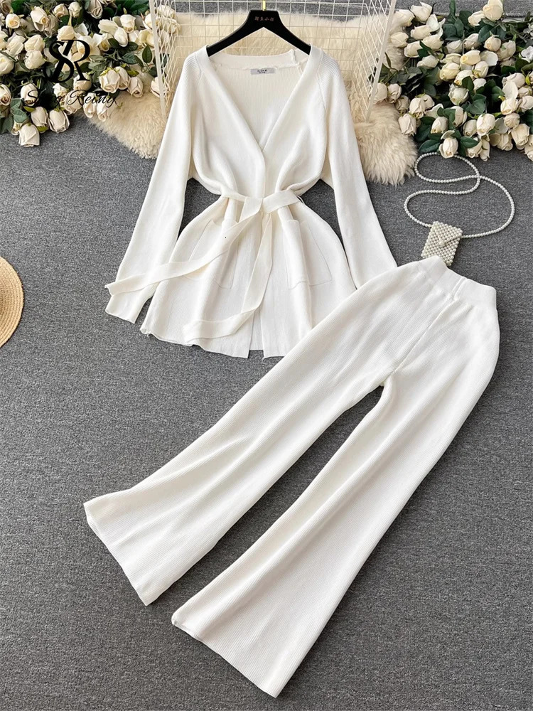 SINGREINY Winter Casual Two Pieces Suits Long Sleeve Knitted Cardigan CoatElastic Waist Wide Leg Pant Female Loose Sweater Sets 250730