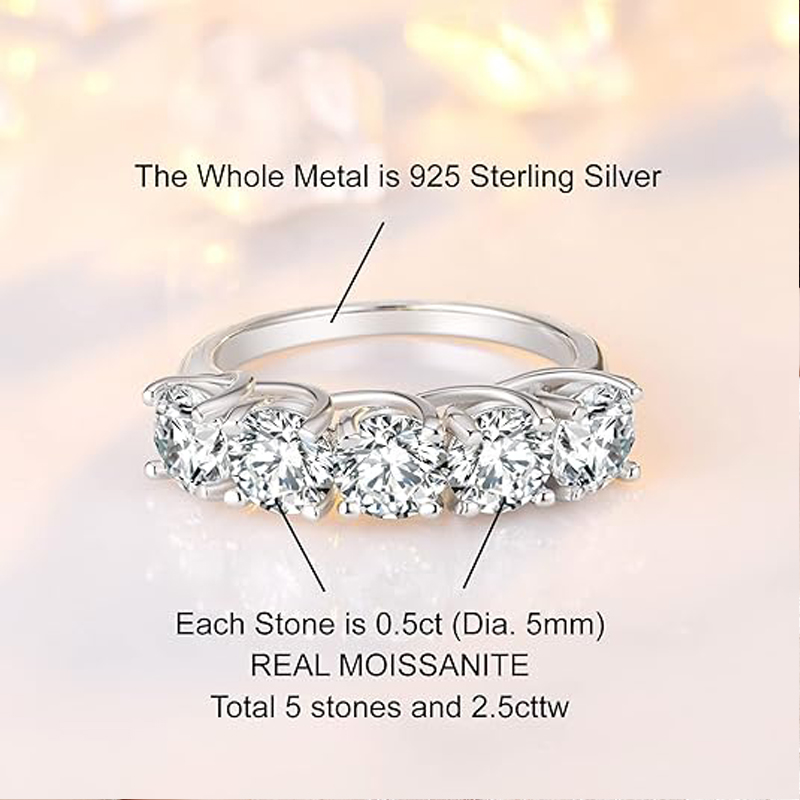 MT 18k Plated 2.5CT All Moissanite Rings for Women 5 Stones Sparkling Diamond Wedding Band S925 Sterling Silver Jewelry with GRA