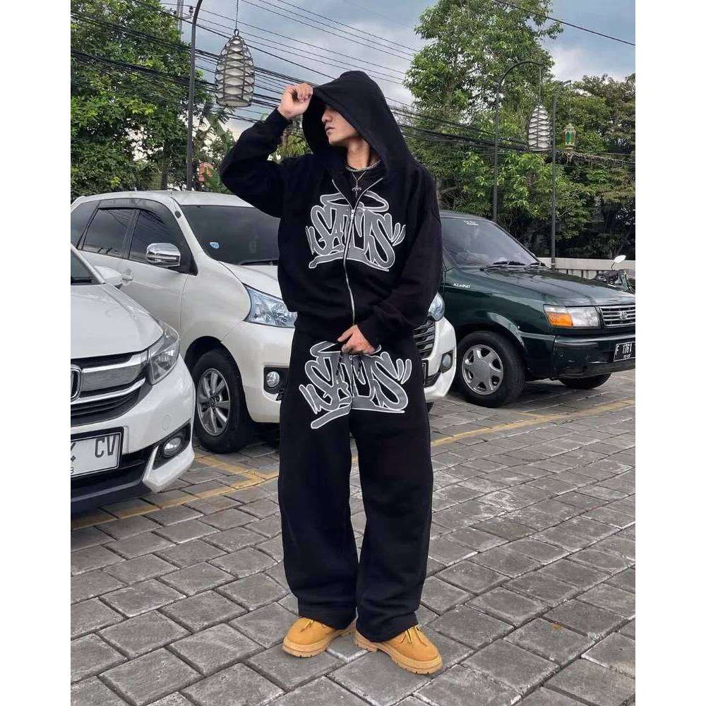 Y2k American Haruku Set Streetwear Men Clothing Retro Zipper Hoodie Hip Hop Trendy Printed Casual Couple Sportswear Pants