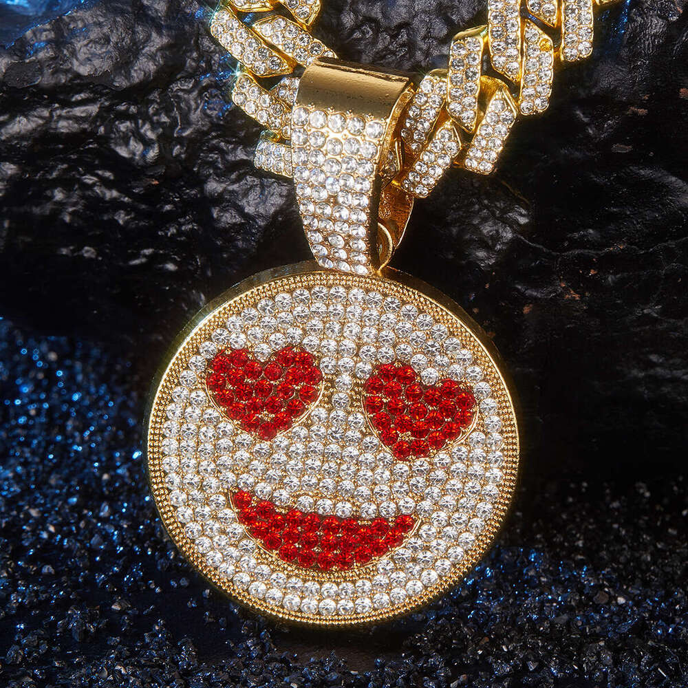 Full Dia Multi-color Heart Smiley Pendant Creative Personality Alloy Cuban Chain Street Fashion Necklace