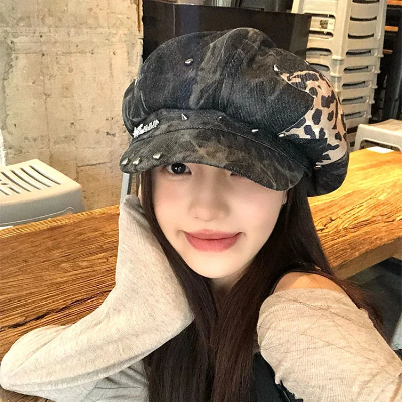 American Punk Style Rivet Star n Octagonal Hats for Women Spring and Autumn Casual Versatile Retro Washed Denim Berets Cap 250729