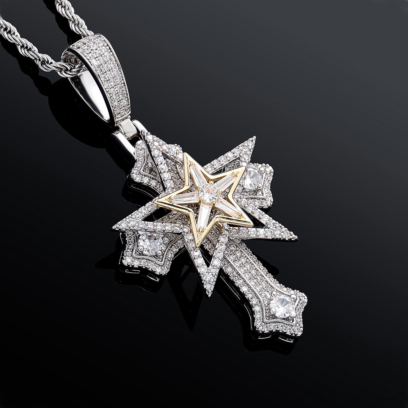 Top Quality Bling Rotate Star Cross Pendant Necklace For Men Hip-Hop Full Iced Out Cubic Zirconia Hexagonal Star Meteor Rotating Charm Jewelries Acces