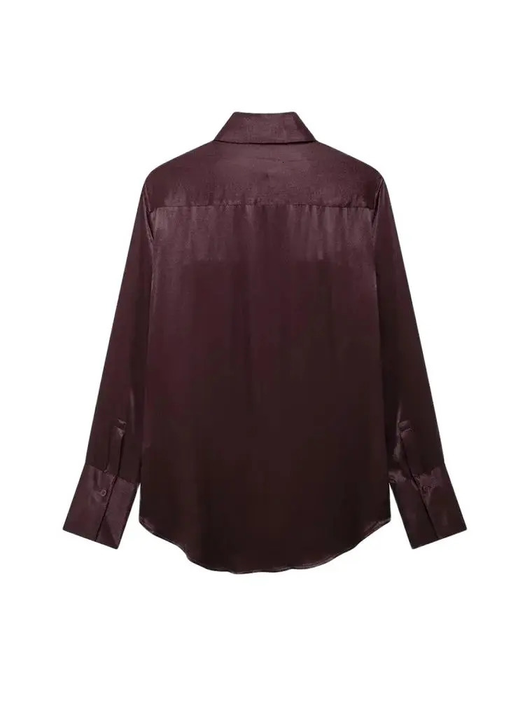 TRZASatin Shirts with Pockets for Women Long Sleeve Buttonup Female Blouses Chic Tops Fashion 250724