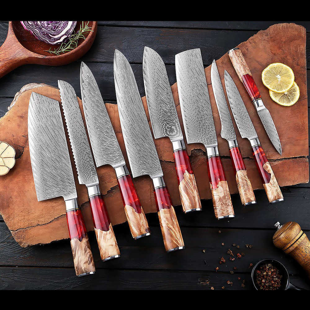 VG10 Damascus chef's knife set with resin handle, small size, suitable for ladies, slicing meat, perfect for cooking, sharp and durable kitchen k
