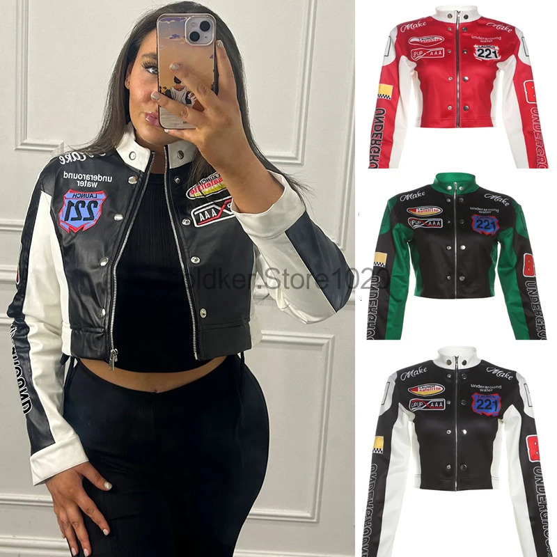 Women Fashion Hipster Pu Leather Jacket Y2K Letter Printed Motorcycle Jackets Spring Autumn SingleBreasted Casual Coat 250730