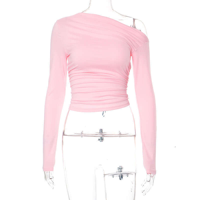 Y23tp499 Women's Autumn INS New Solid Color Asymmetrical Long Sleeve Ruched Crop Top T-Shirt For Women B5