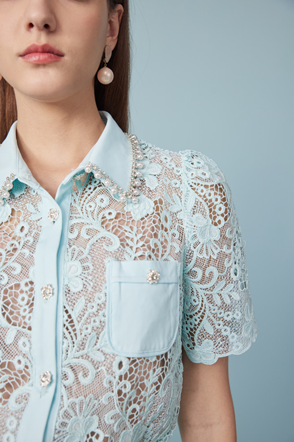 Women's Elegant French Hollow airy Lace Top with Pocket Design Lace Shirt Party Summer Resort Wear Office Women Clothing 6112420