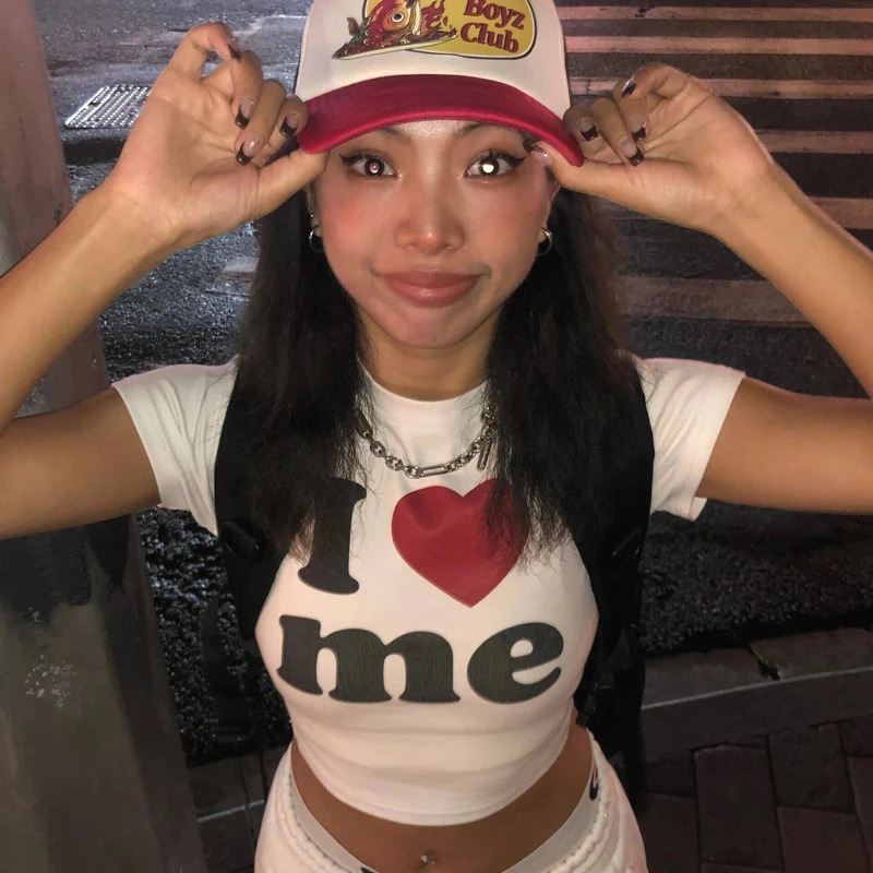 I Love ME letters Print Y2K Harajuku Crop Top Tshirt Summer Women clothes Sexy Tshirt Vintage 2000s short sleeve Crop Tops 250724