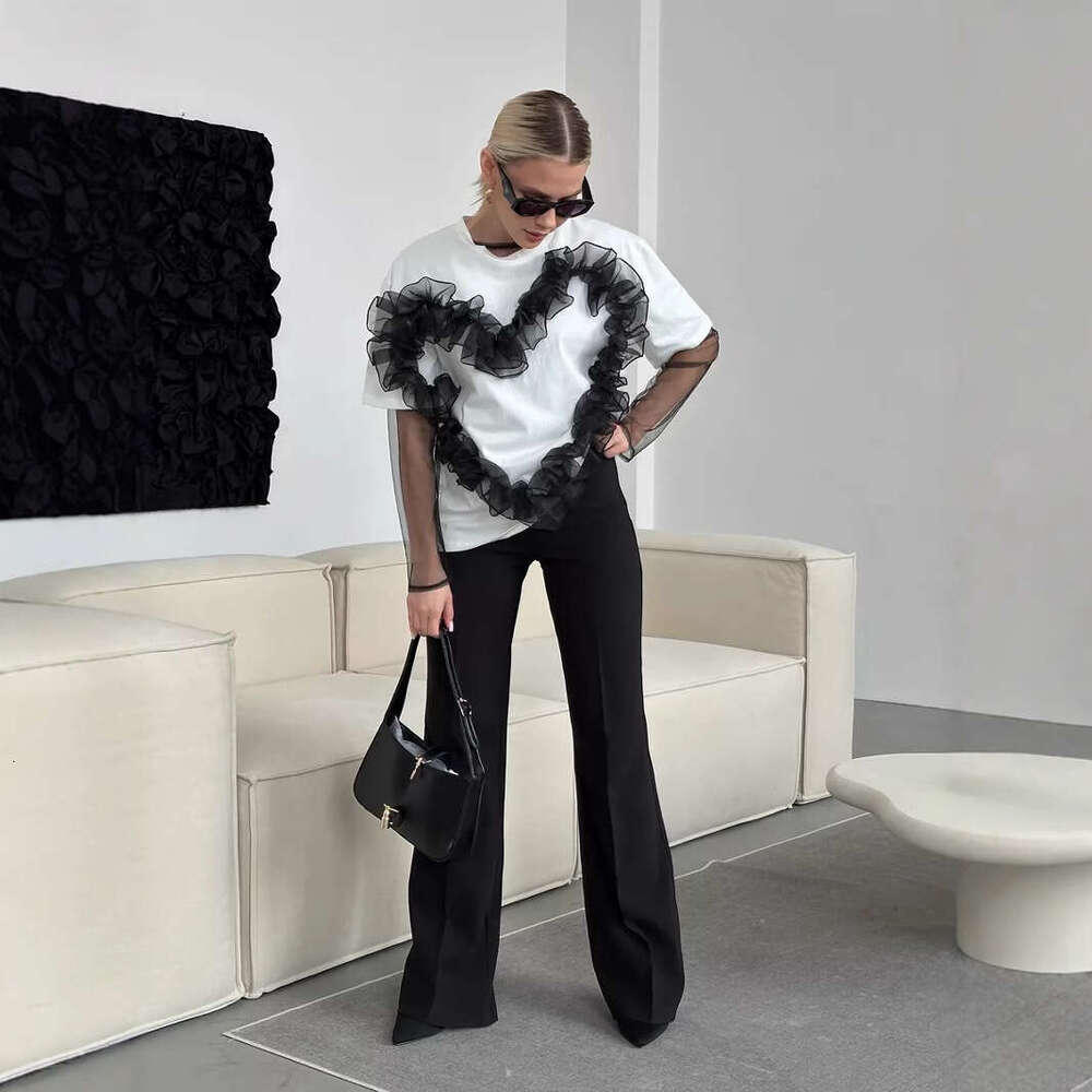 Heart-Shaped Organza Ruched Patchwork T-Shirt For Women Fashionable Ins Style Round Neck Loose Cotton Top B5