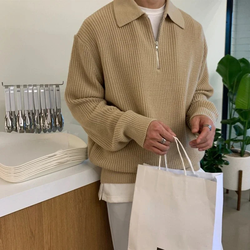 Koren Quality Youth Polo Collar Sweater Men Winter Thickened Loose Half Zipper Autumn and Japanese Vintage 250729