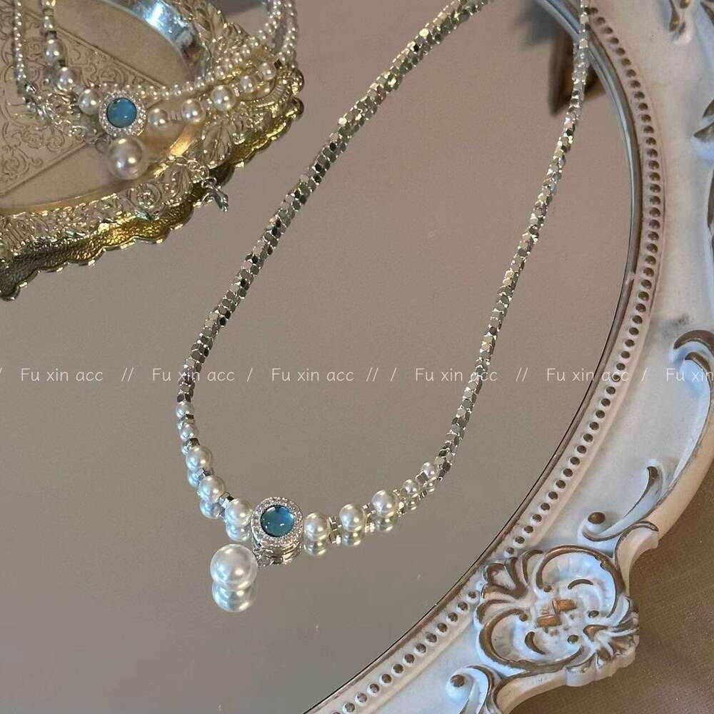 Aquamarine Necklace Bracelet for Women, Niche Light Fragmented Sier Pearl Collarbone Chain, Unique High-end Versatile Jewelry 30b