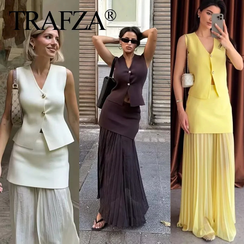 TRAFZA Women Knitted Skirt Set Beige VNeck Sleeveless Slim Vest Solid Patchwork Long Streetwear Summer Casual 250730