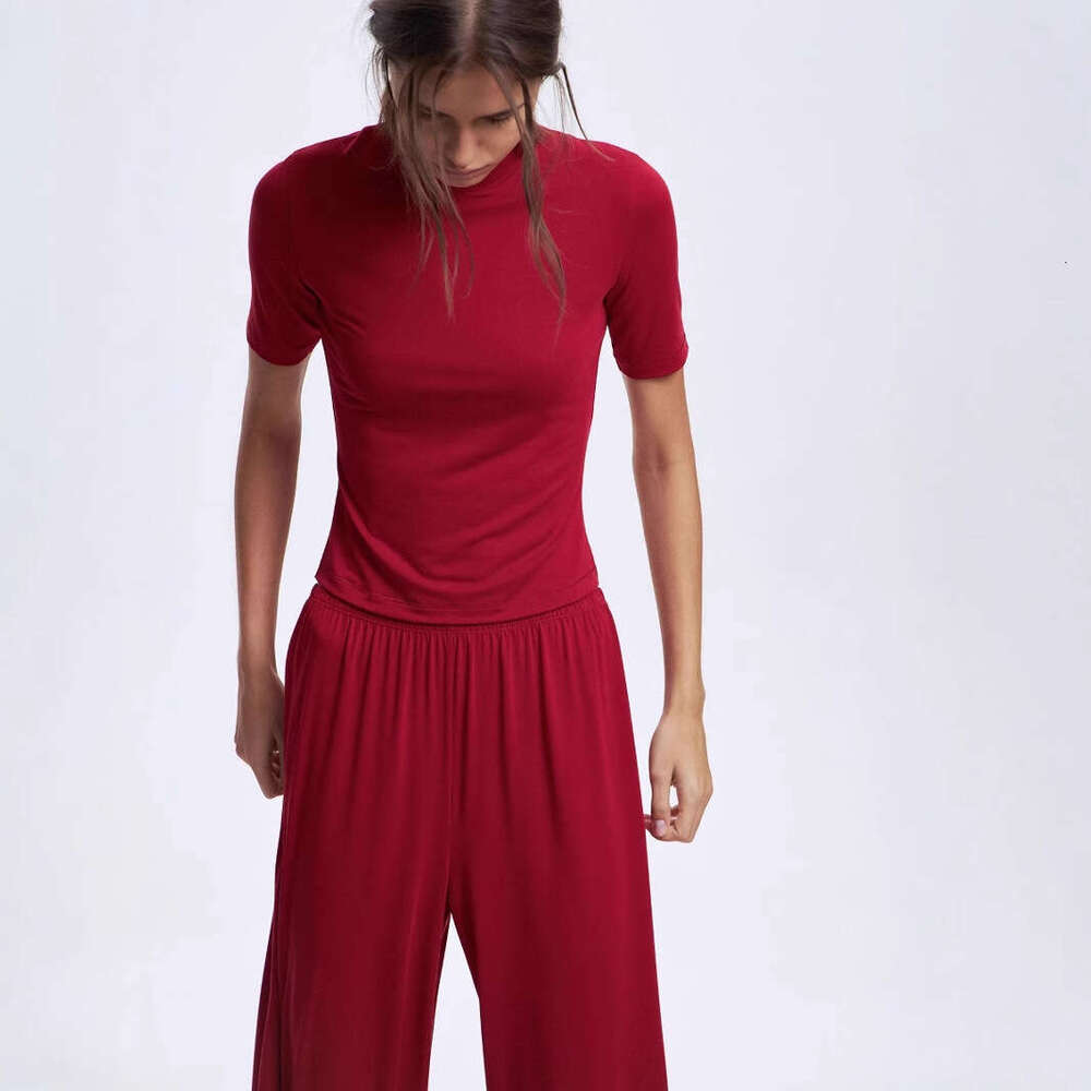 Spring Summer New Modal Suit For Women Soft Comfortable Round Neck Short Sleeve Top + Cuffed Pants B5