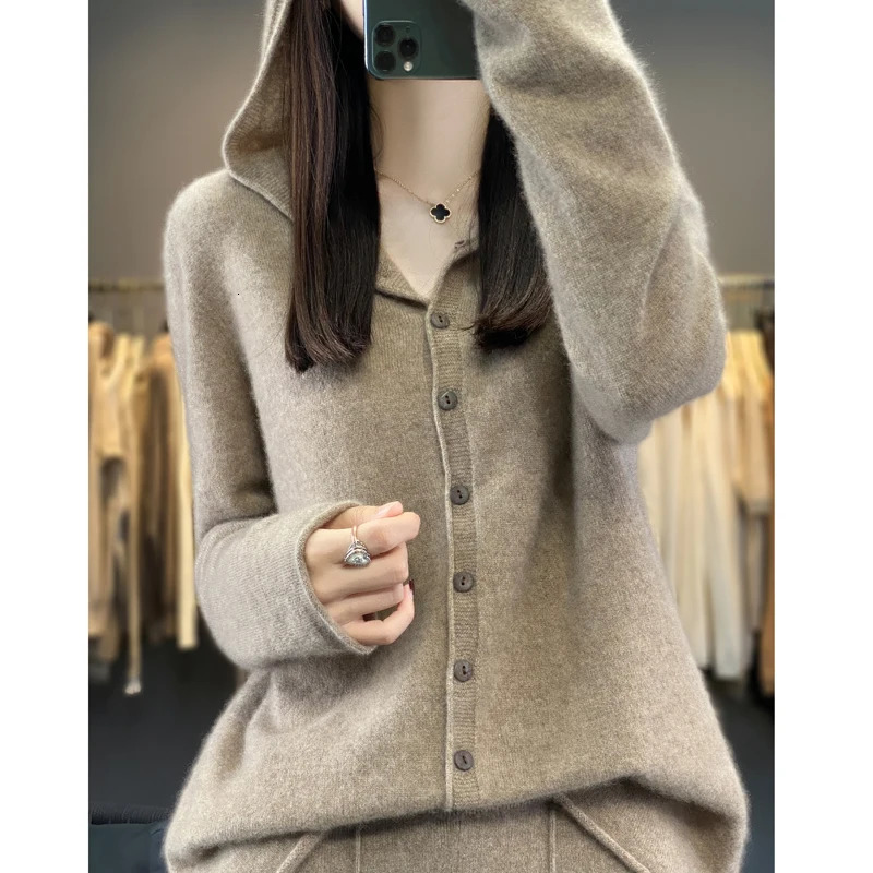 First Line 100% Merino Wool Knitted Cardigan Womens Autumn And Winter Hoodie Loose Sweater Fashionable Versatile Coat Top YC014 250730