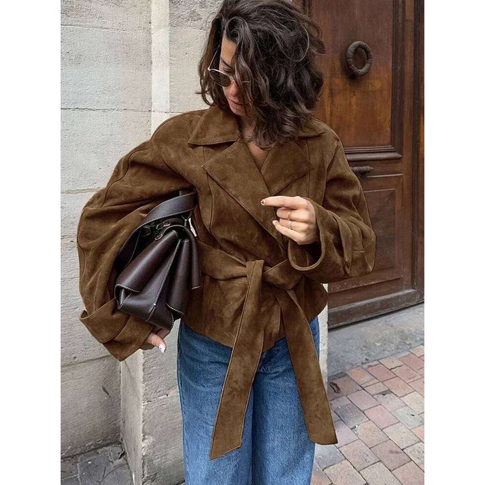 Retro Brown Lace Up Shorts Suede Jacket Elegant Female Lapel Long Sleeves Slim Coats Autumn Chic Lady High Street Outwear
