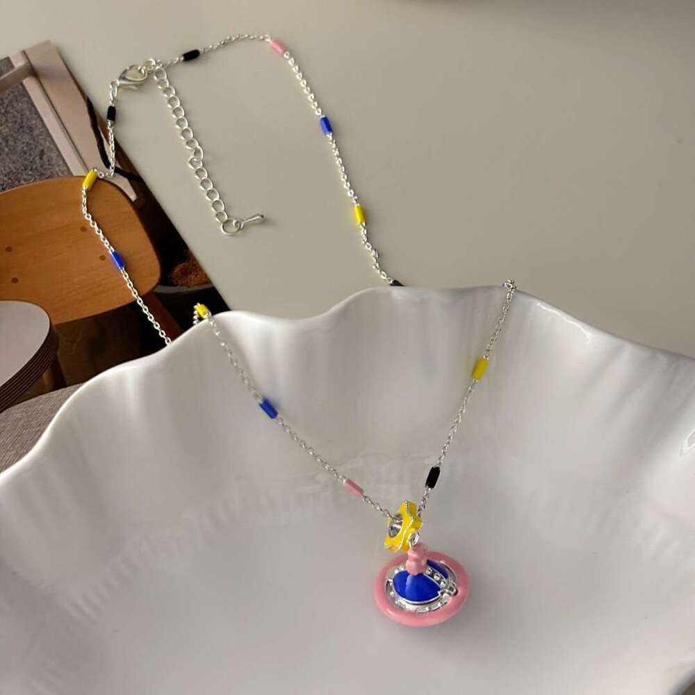 2025 Summer New Dopamine Fun Beaded 3D Saturn Necklace Fresh Sweet Colorful Glaze Collarbone Chain d1a