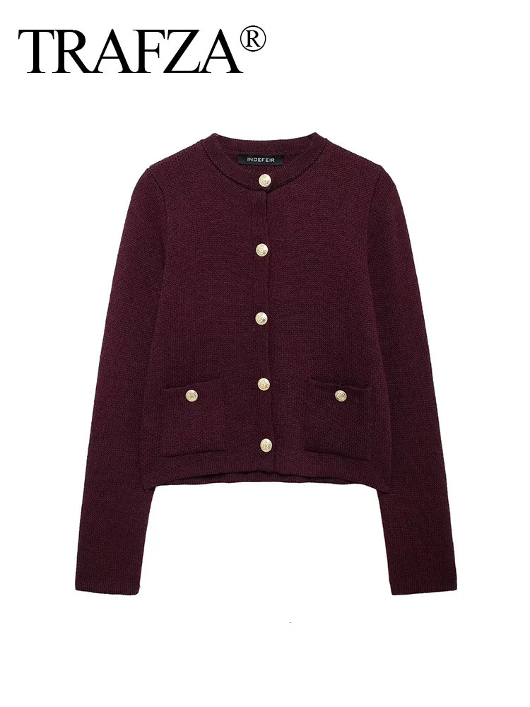 TRAFZA Women Casual Knitted Cropped Cardigan Long Sleeve Single Breasted Cardigans Autumn Pocket Knitwear 250730