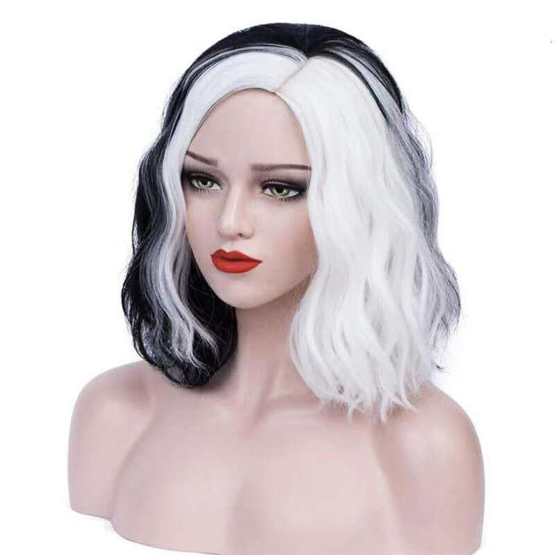 New Black and Witch Cruella Cosplay Wig 1/3 White Side Part Anime Short Hair B5
