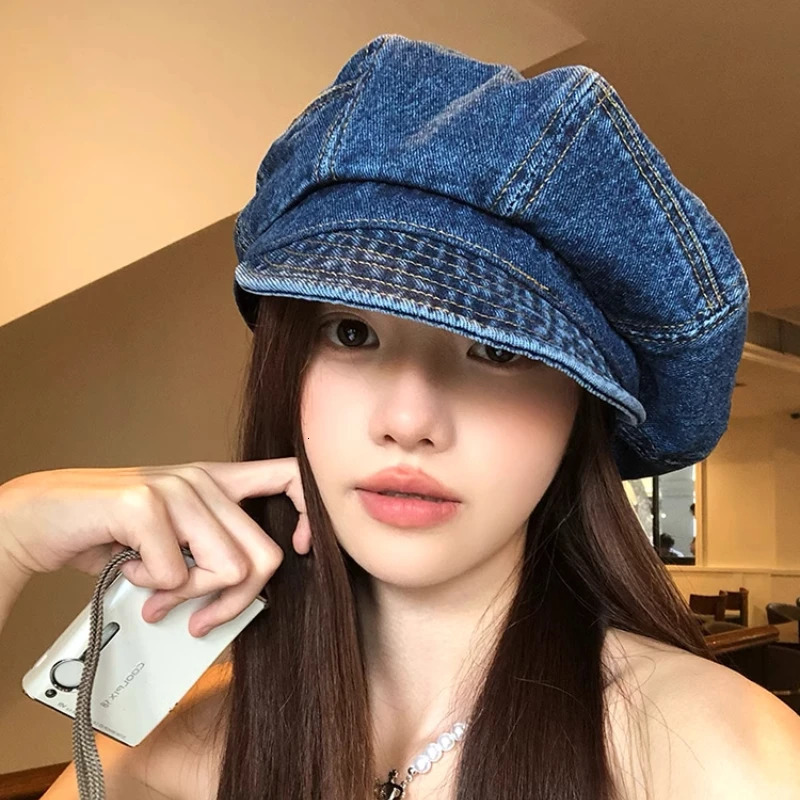Japanese Retro Denim Cloud Berets Cap for Women Spring and Summer Casual Versatile Simple Literary Style Octagonal sboy Hat 250729