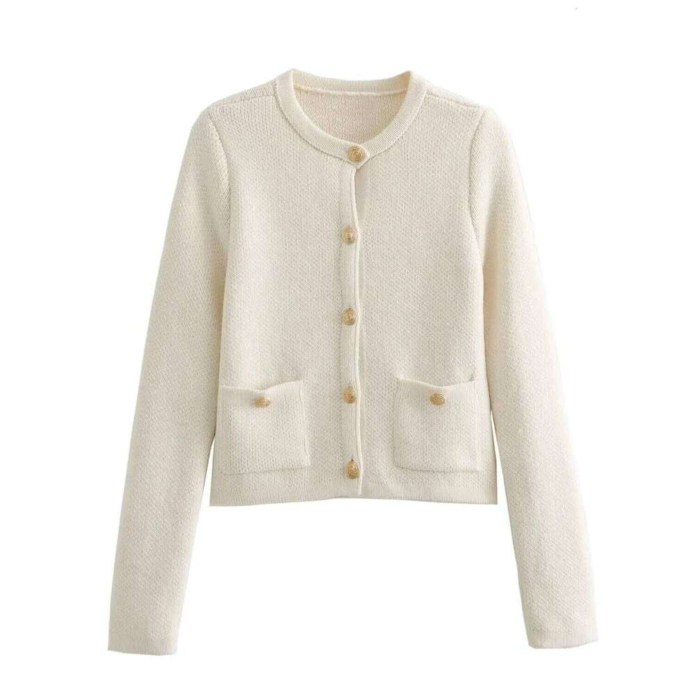 Designer Clothing 2025 2025 Women's Knitted Cardigan Sweater Golden Buttons Front Patch Pockets Long Sleeve Female Outerwear Chic Tops