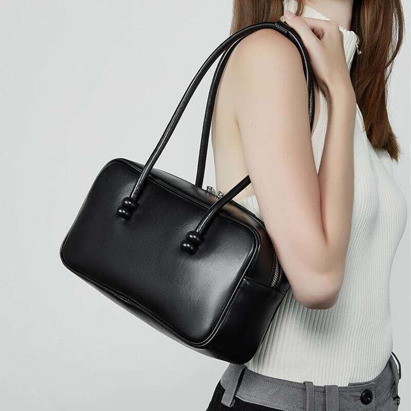 Burminsa Cowhide Genuine Leather Underarm Shoulder Bags For Women 2025 Designer Work Satchel Bowling Tote Ladies Handbags