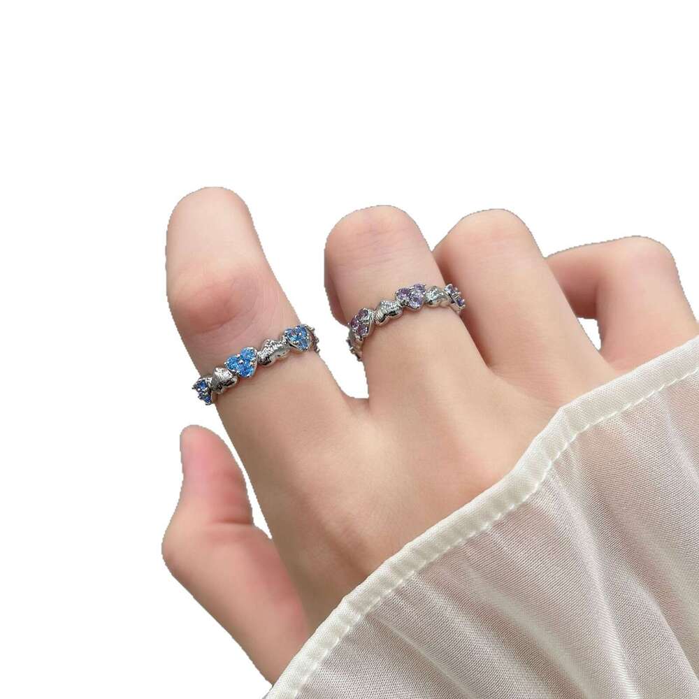 TikTok Korean Style Niche Heart-shaped Sea Blue Purple Diamond Ring with Fresh and Simple Design 684