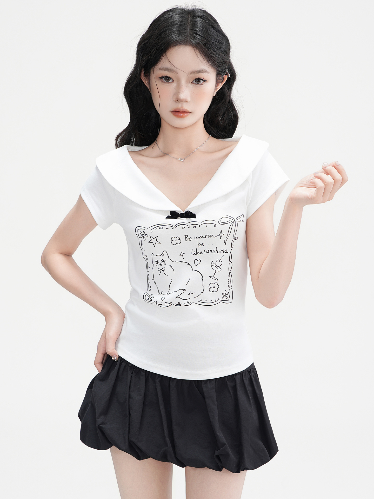 2025 Jiyou Korean style doll collar shoulder short sleeved women's summer new bow design top new designer T-shirt
