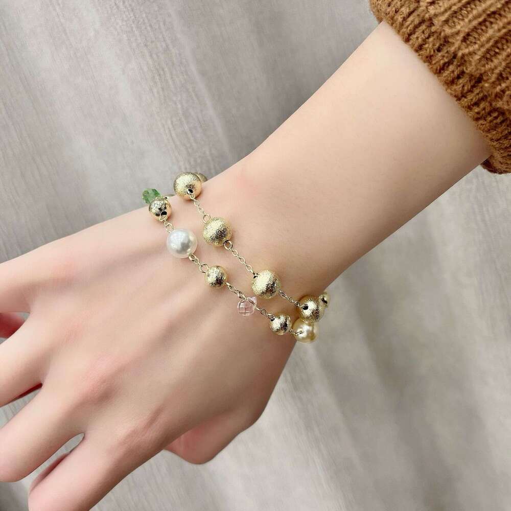 Geometric Smooth Metal Round Bracelet with Beaded Chain, Brushed Bead Bracelet, Gold Color, Light , Niche, High-End Fashion 6c6