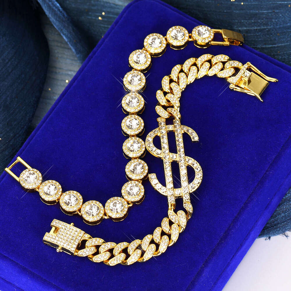 Dia-encrusted Dollar Sign Fashion Creative Classic Personality Cuban Chain Bracelet Jewelry Set