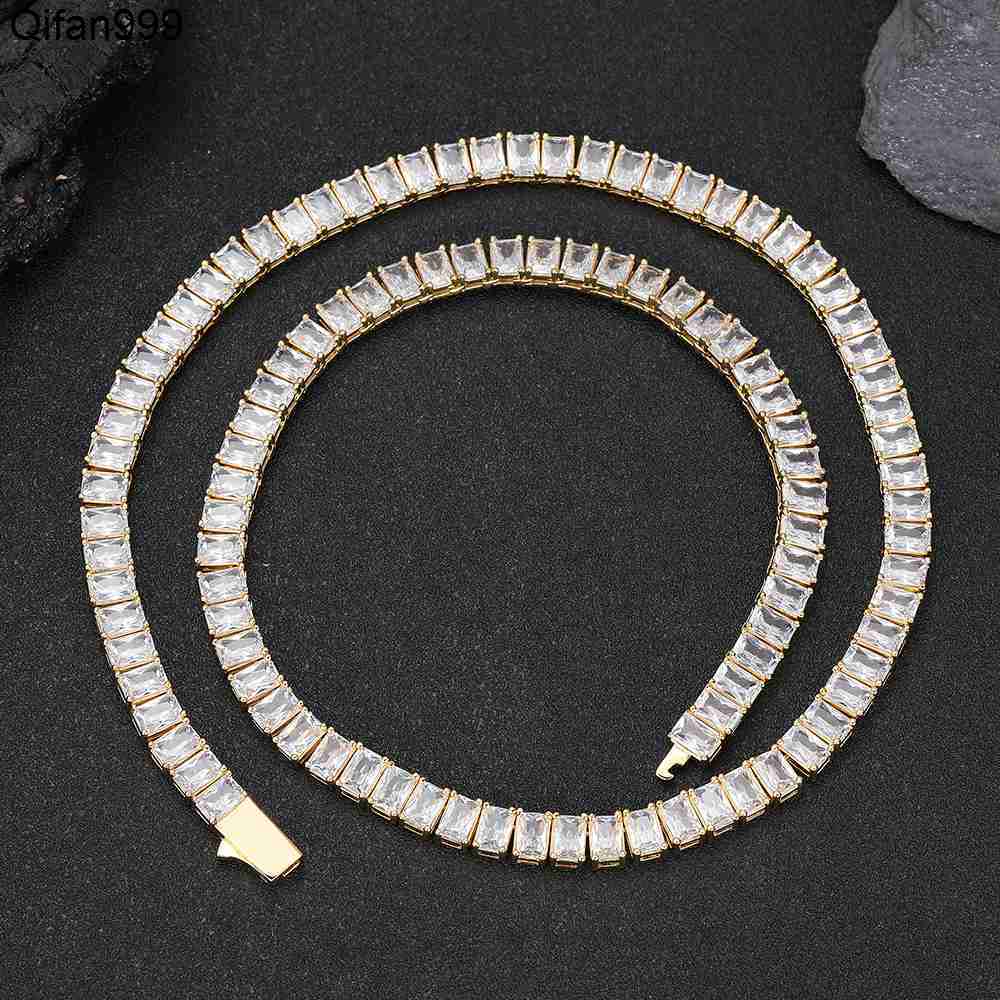 Womens 18K Gold Plated Brass Tennis Chain Necklace 6mm Rectangular Zircon Hip Hop Fine Jewelry Tennis Chains Necklaces