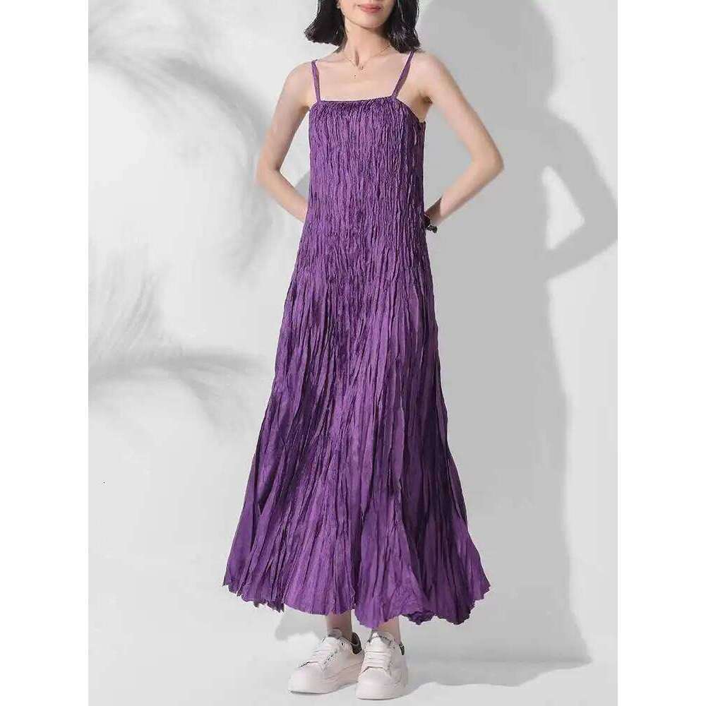 Fashion Handmade Strap Dress For Women High Waist Solid Color Pleated Sling Long Dresses Female Summer New