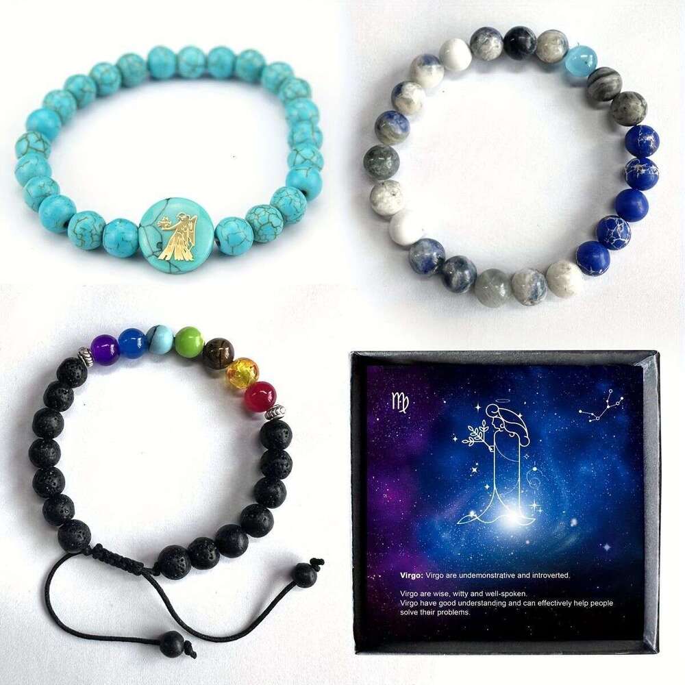 Natural Blue Turquoise Creative 12 Constellation Personality Fashion Round Bead Bracelet Jewelry