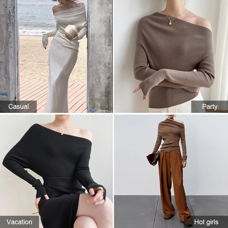 Autumn Winter Womens Wool Tshirt Top Solid Color Elegant Long Sleeve Off Shoulder Sexy Slimming Basic Versatile Top 250729