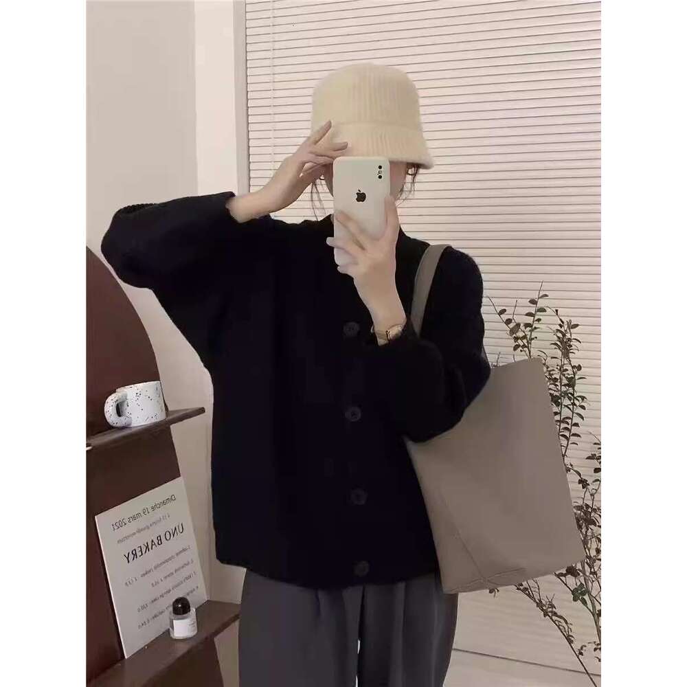 Autumn Winter New Lazy Style Korean Version Cardigan For Women Soft Sheep Wool Ribbed Button Sweater Dark Gray B5