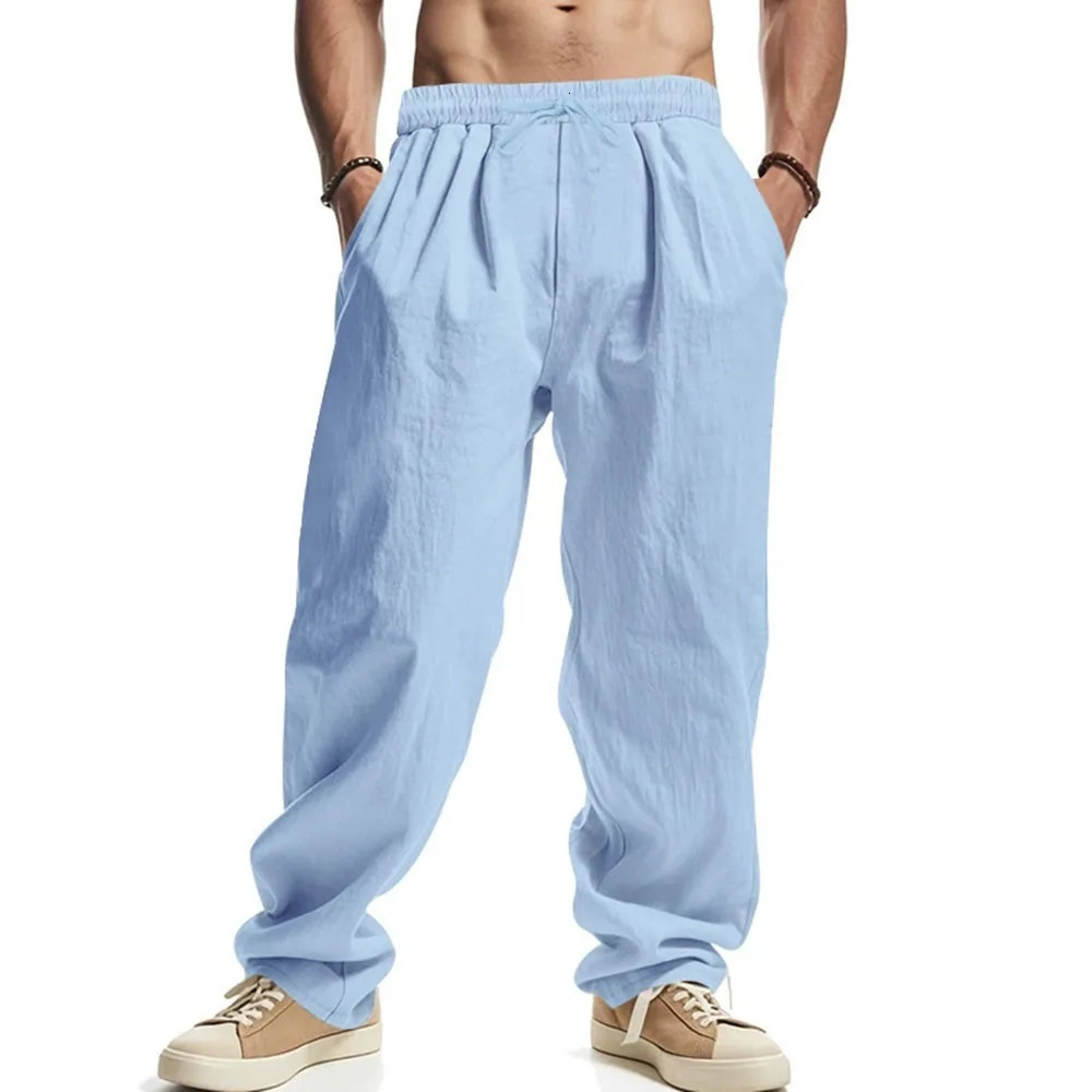 Mens Straight Leg Pants Cotton Linen Breathable Lightweight Beach Hawaiian Style Trousers Casual Sweatpants 250729