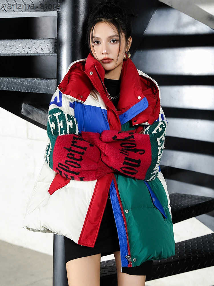 Strtwear Letter Stitching Fashion Down Jacket Womens New Hooded Parka Loose Winter Down Coat Female Thick Casual Warm Clothes L250730