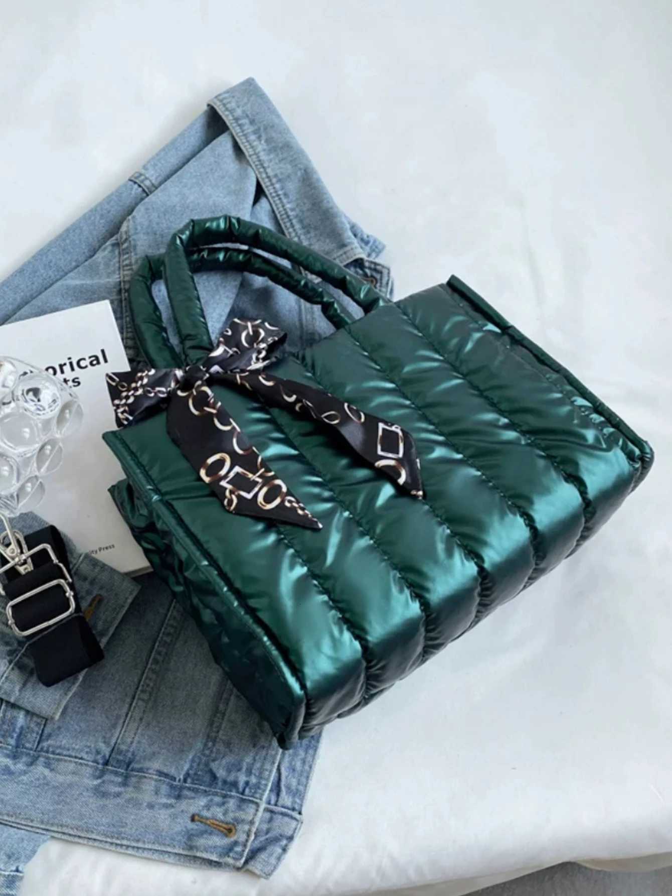 Urban Stylish Shoulder Bag Quilted Fabric Tote with Metal Chain Scarf Lightweight 0.3kg for Off Travel Y250730