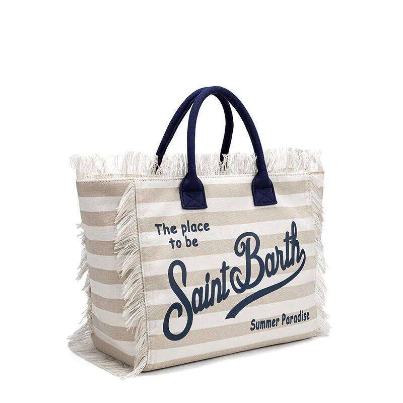 Saint Barth Large Capacity 2025 Handbag European and American Beach Street Horizontal Striped Apricot Canvas Tote Bag for Women