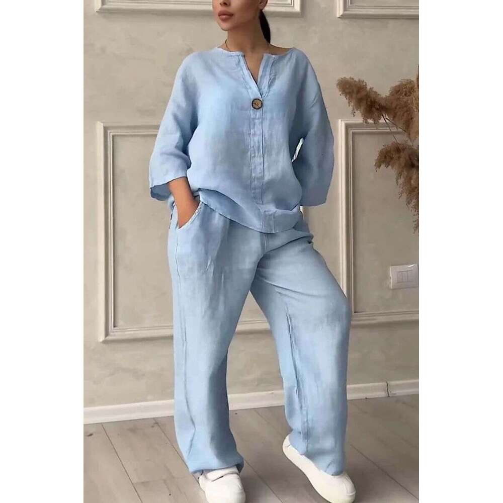 Women's Clothing 2 Piece Large Size Cotton And Linen Shirt Set High Waist Loose Trousers