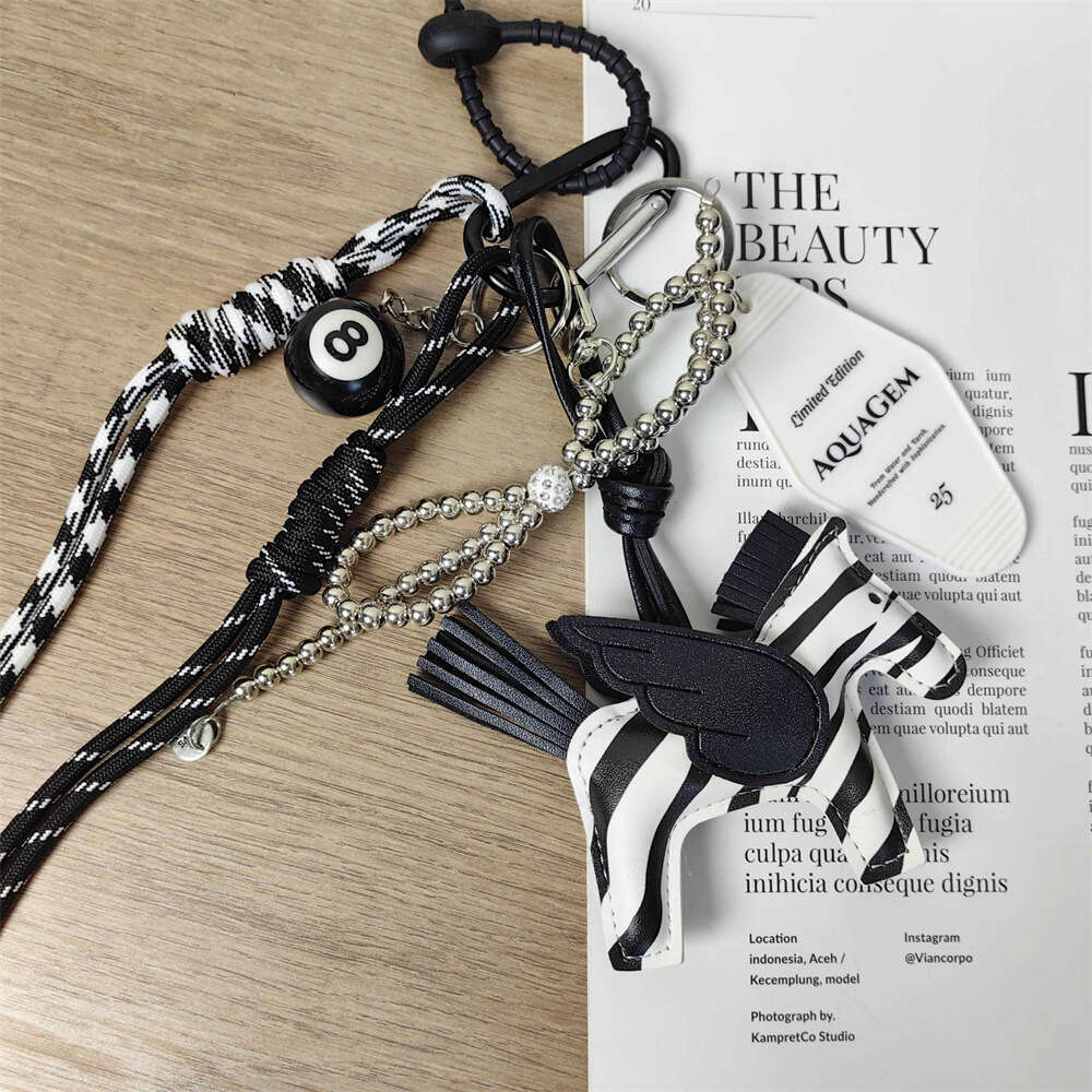 Black and White Zebra PU Leather Little Pegasus Silver Pearl Bow Keychain Unisex Bag Pendant