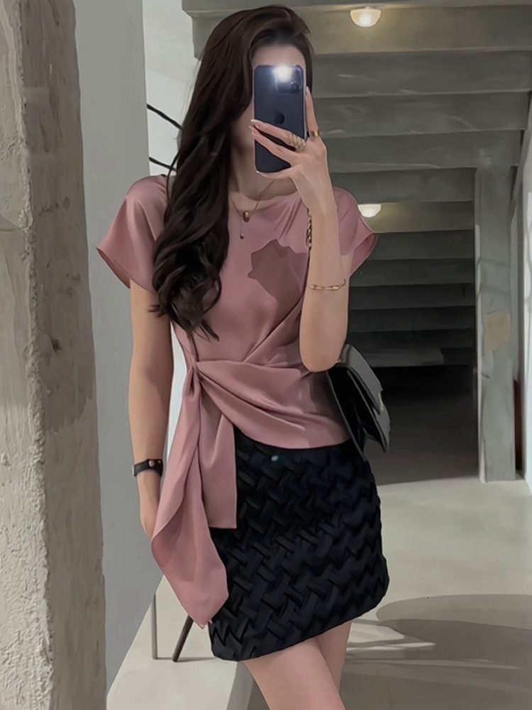 2025 French style lightweight luxury acetate satin women's T-shirt top high-end style summer new elegant waistband fashion shirt new designer T-s