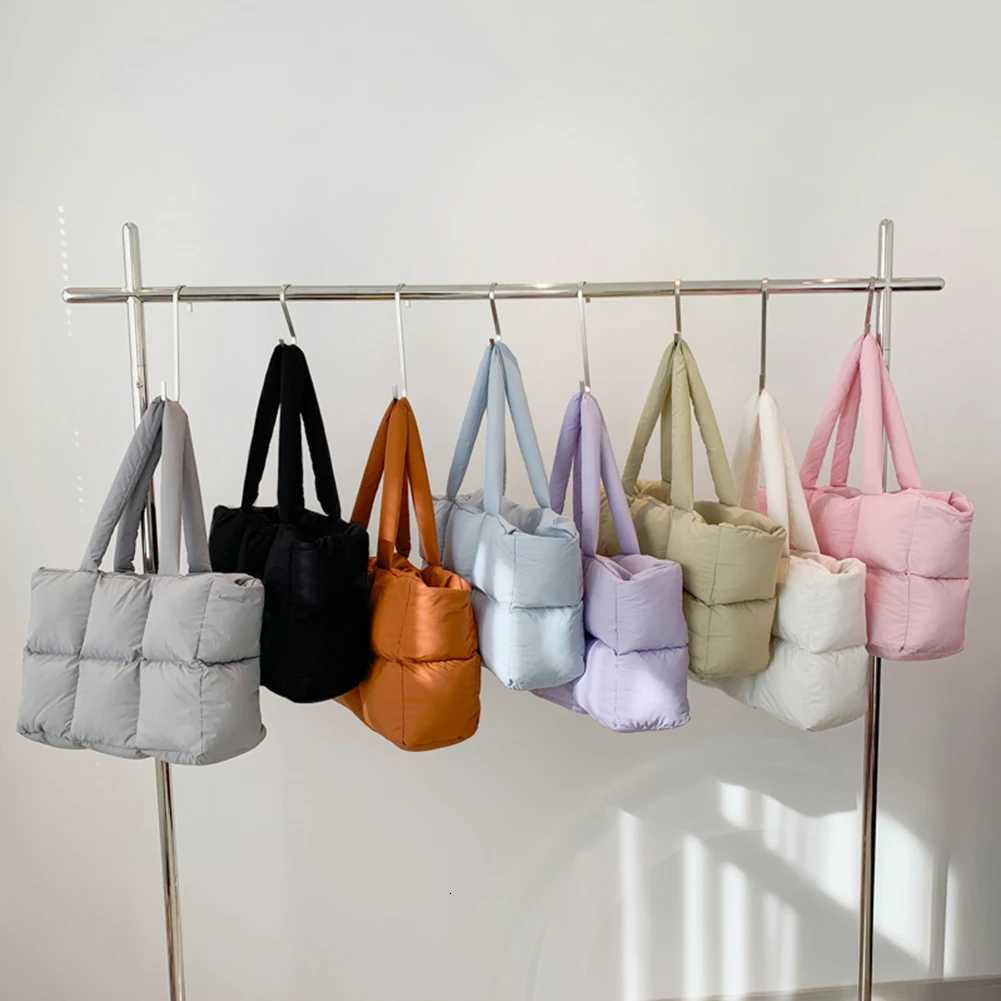 Women Puffer Shoulder Bag Solid Color Quilted Fashion Shopping Bag Large Capacity Soft Cloud Tote Bag Trendy Commuting Bags Y250729