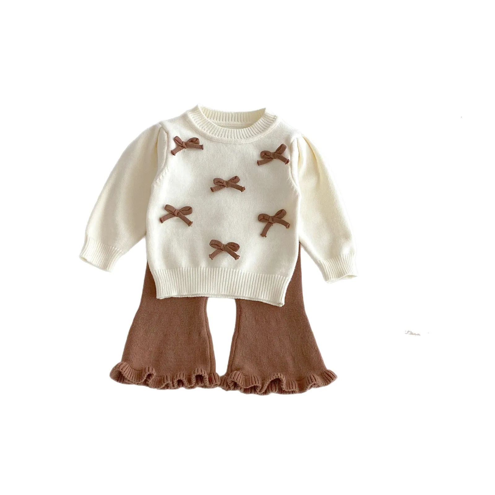 Baby Girl Sweater Suit Autumn and Winter Bow Round Neck SweaterBell Bottoms Cute Bag Three Piece Suit 250729