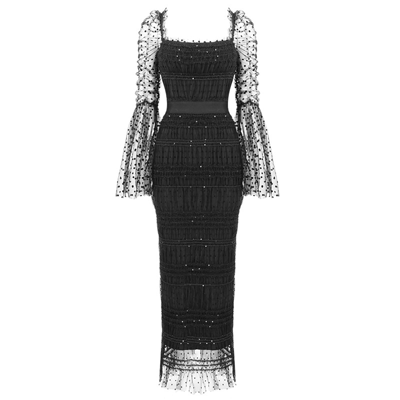 K729Black transparent mesh trumpet sleeve square neck waist dress elegant temperament evening dress