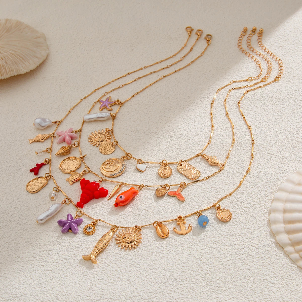 Ingemark 3PcsSet Boho Drip Oil Fish Scallop Cactus Starfish Tassel Pendant Choker Necklace Summer Chain Y2K Vacation Jewelry 250716