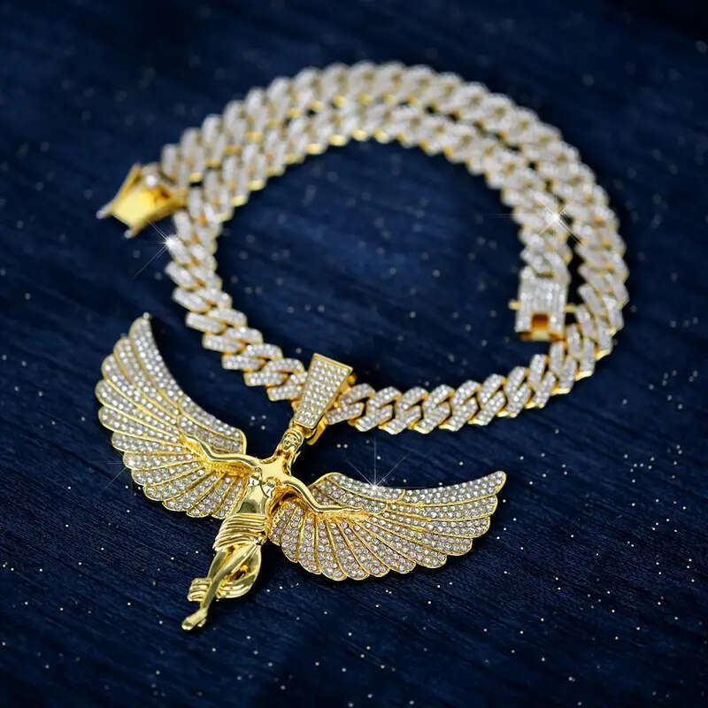 TEMU Zinc Alloy Full Dia Multicolor Goddess Angel Large Pendant Hip Hop Style Exaggerated Cuban Chain Unisex Necklace